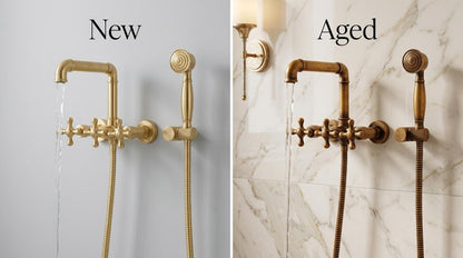 Handmade Unlacquered Brass Wall Mount Tub Faucet With Hand Shower | Clawfoot Tub Filler Cross Handle | Polished Gold Moroccan Artisan Bath