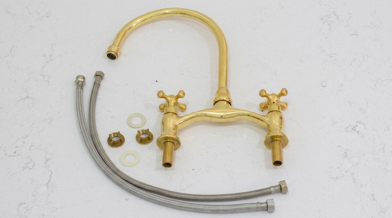 Bridge Kitchen Faucet Unlacquered Brass Handmade | Polished Gold Cross Handle Gooseneck Tap | Vintage Polished Gold Moroccan Artisan