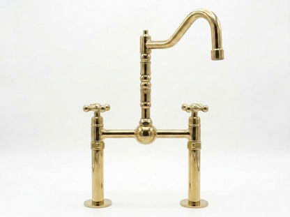 Unlacquered Brass Bridge Kitchen Faucet Vintage | Center Ball Cross Handle Gooseneck Tap | Polished Gold Farmhouse Moroccan Artisan Handmade