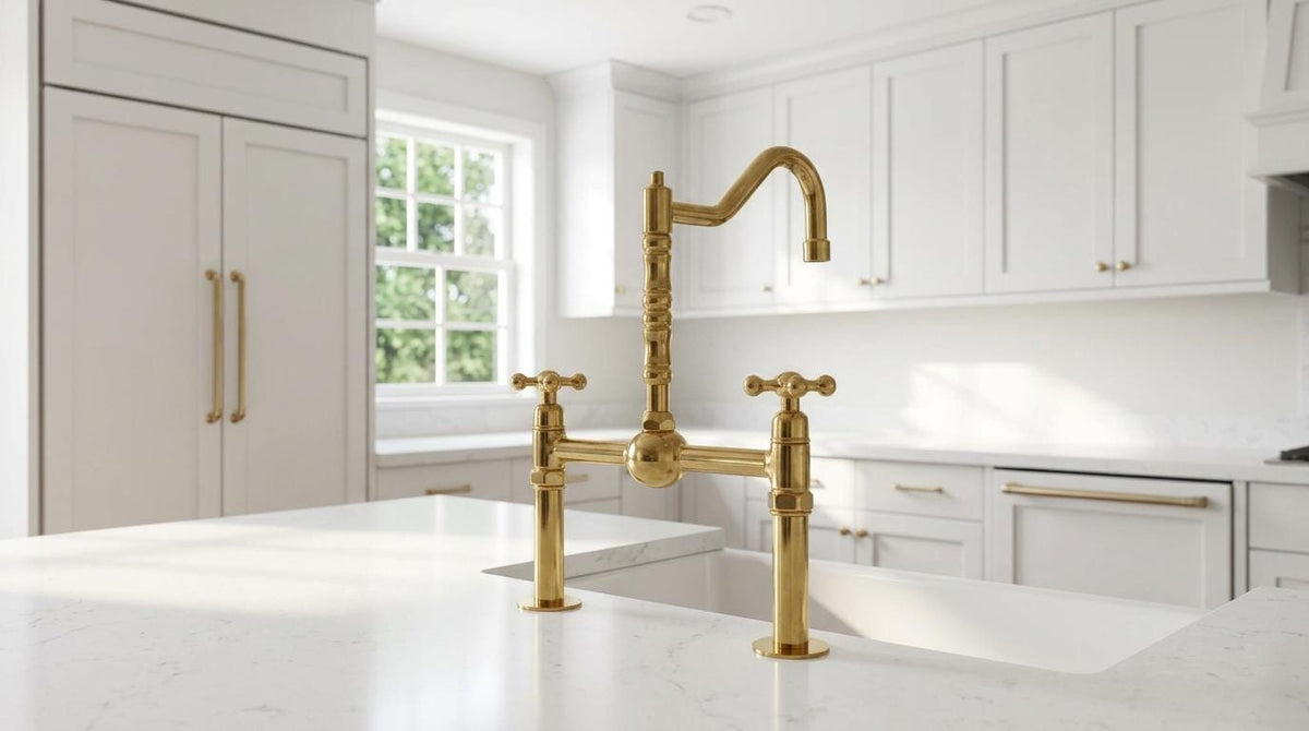 Unlacquered Brass Bridge Kitchen Faucet Vintage | Center Ball Cross Handle Gooseneck Tap | Polished Gold Farmhouse Moroccan Artisan Handmade