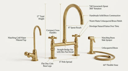 Unlacquered Brass Bridge Kitchen Faucet Lever Handle | Side Sprayer Cold Tap Set | Vintage Farmhouse Polished Gold Moroccan Artisan Handmade