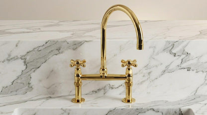 Unlacquered Brass Bridge Kitchen Faucet Lever Handle | Side Sprayer Cold Tap Set | Vintage Farmhouse Polished Gold Moroccan Artisan Handmade