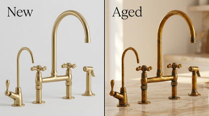 Unlacquered Brass Bridge Kitchen Faucet Lever Handle | Side Sprayer Cold Tap Set | Vintage Farmhouse Polished Gold Moroccan Artisan Handmade