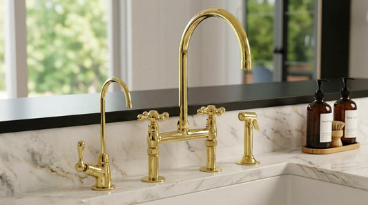 Unlacquered Brass Bridge Kitchen Faucet Lever Handle | Side Sprayer Cold Tap Set | Vintage Farmhouse Polished Gold Moroccan Artisan Handmade