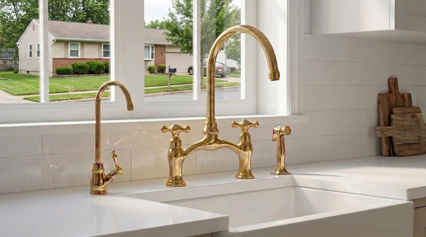 Bridge Kitchen Faucet Unlacquered Brass Handmade | Polished Gold Cross Handle Gooseneck Tap | Vintage Polished Gold Moroccan Artisan