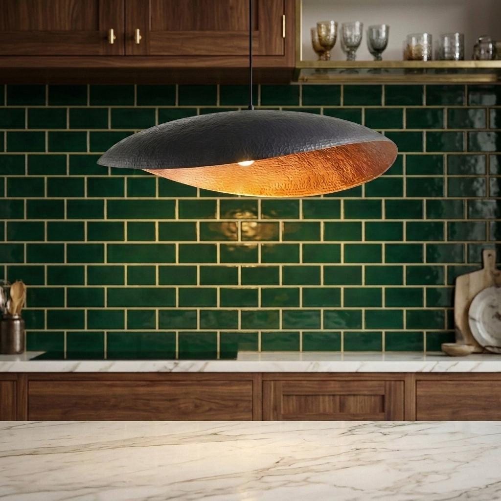 Hammered Copper Pendant Light | Turquoise Patina Shallow Dome | Kitchen Island Dining Room Rustic Boho Ceiling Light Handmade