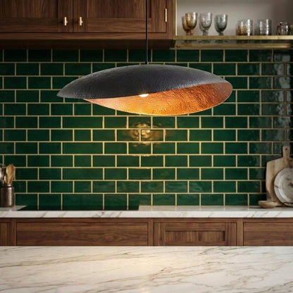 Hammered Copper Pendant Light | Turquoise Patina Shallow Dome | Kitchen Island Dining Room Rustic Boho Ceiling Light Handmade