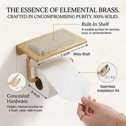 Unlacquered Brass Toilet Paper Holder with Shelf | Phone Shelf Wall Mount | Gold Vintage Bathroom Accessory Handmade Brass Decor