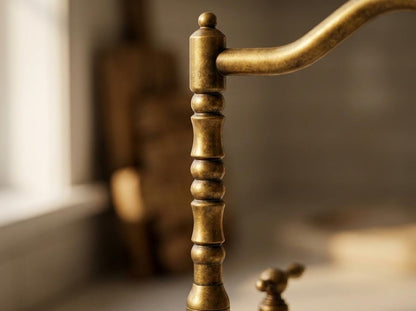 Unlacquered Brass 3 Hole Bridge Kitchen Faucet With Sprayer | Antique Farmhouse Lever Handle Tap | Vintage Living Patina Moroccan Artisan