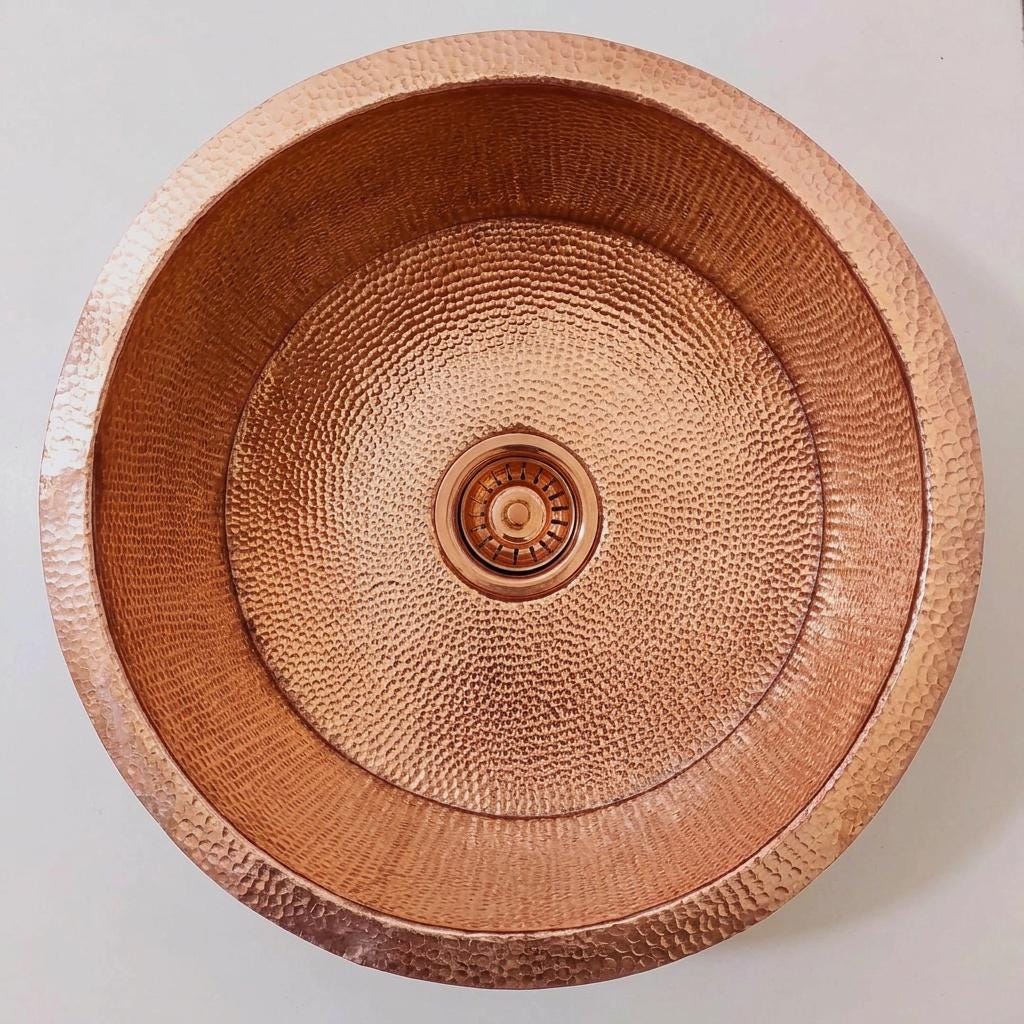 Hammered Copper Round Sink | Drop-In or Undermount Kitchen Bath | Farmhouse Rustic Copper Basin with Strainer