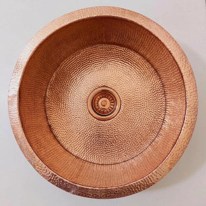 Hammered Copper Round Sink | Drop-In or Undermount Kitchen Bath | Farmhouse Rustic Copper Basin with Strainer