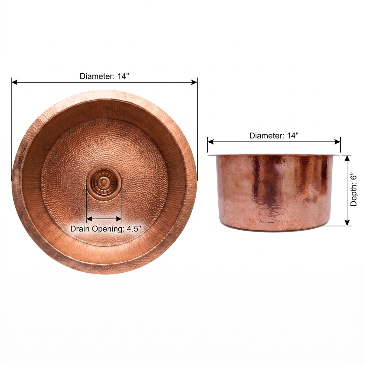 Hammered Copper Round Sink | Drop-In or Undermount Kitchen Bath | Farmhouse Rustic Copper Basin with Strainer
