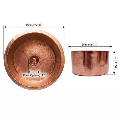 Hammered Copper Round Sink | Drop-In or Undermount Kitchen Bath | Farmhouse Rustic Copper Basin with Strainer