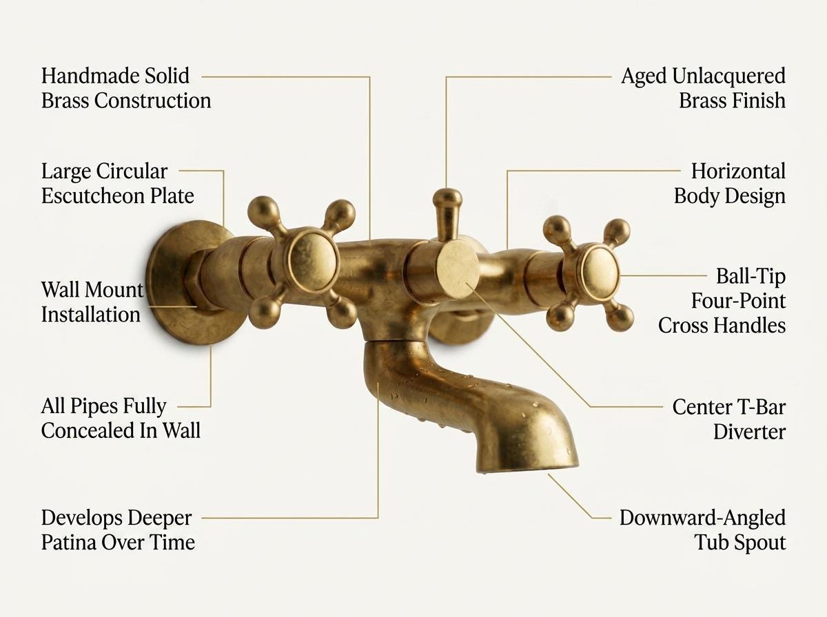 Handmade Unlacquered Brass Wall Mount Tub Faucet | Vintage Cross Handle Bathtub Wall Filler | Antique Living Patina Moroccan Artisan Bath