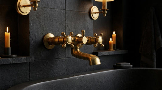 Handmade Unlacquered Brass Wall Mount Tub Faucet | Vintage Cross Handle Bathtub Wall Filler | Antique Living Patina Moroccan Artisan Bath