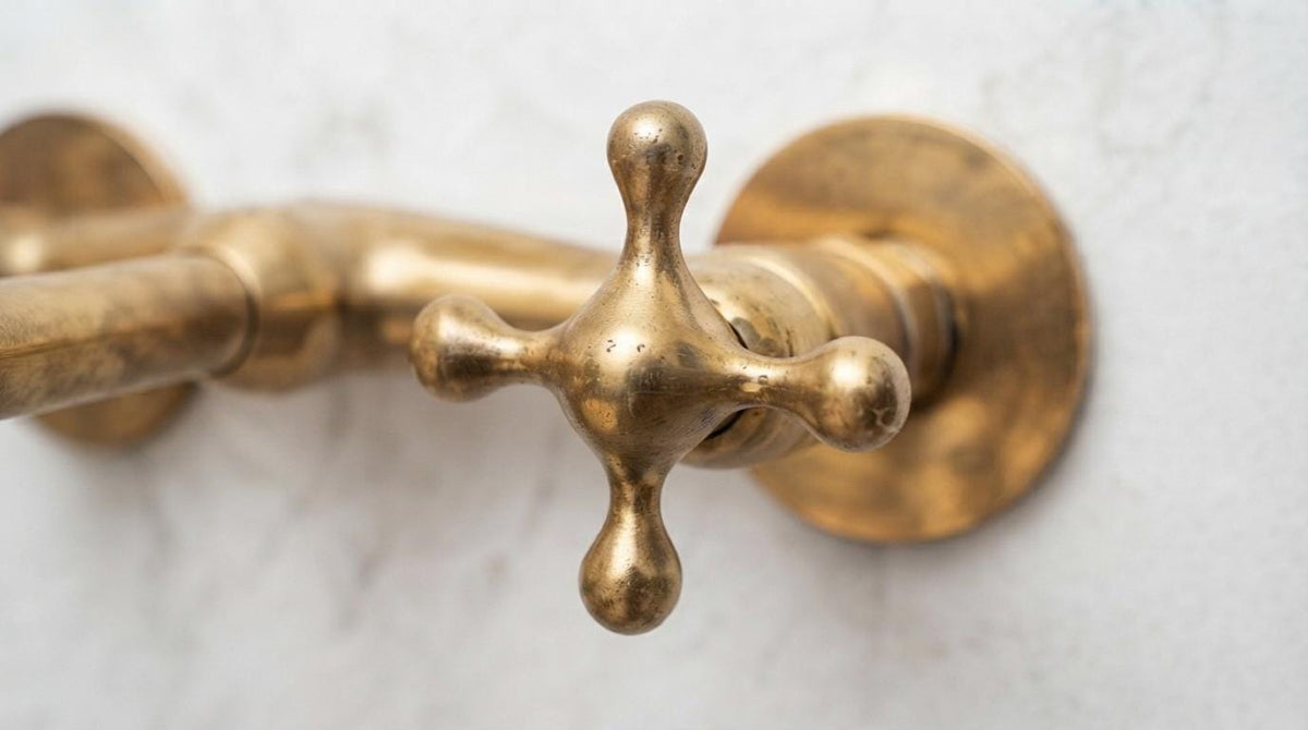 Handmade Unlacquered Brass Wall Mount Bathroom Faucet | Antique Cross Handle Vanity Basin Tap | Vintage Living Patina Moroccan Artisan Sink