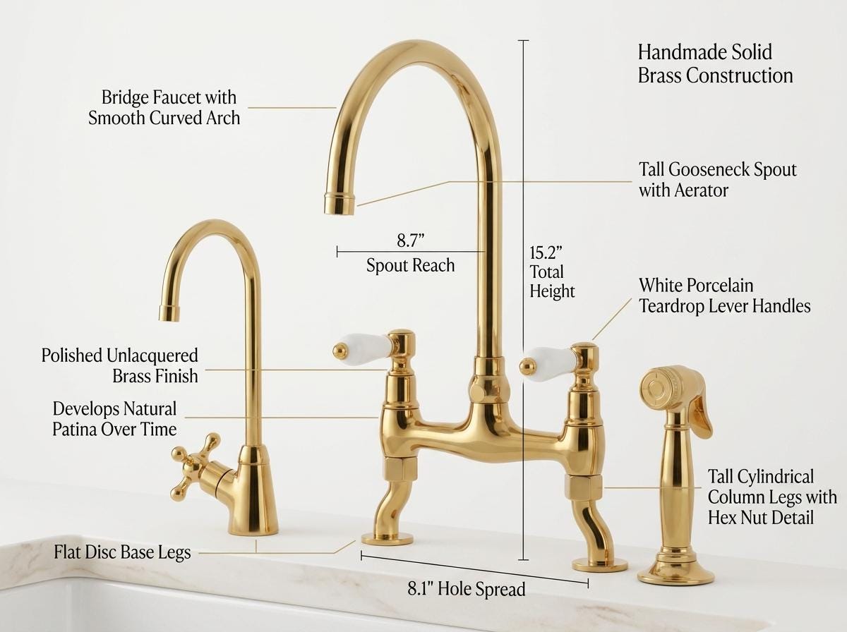 Unlacquered Brass Bridge Kitchen Faucet White Porcelain Handles | Farmhouse Gooseneck Side Sprayer | Polished Gold Moroccan Artisan Handmade