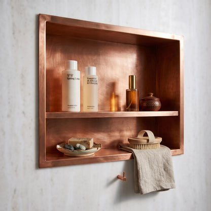 Handmade Copper Shower Niche Recessed Wall Shelf | Double Shelves Bathroom Storage Niche | Unlacquered Moroccan Artisan Luxury Shower Shelf
