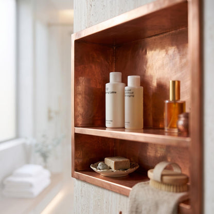 Handmade Copper Shower Niche Recessed Wall Shelf | Double Shelves Bathroom Storage Niche | Unlacquered Moroccan Artisan Luxury Shower Shelf