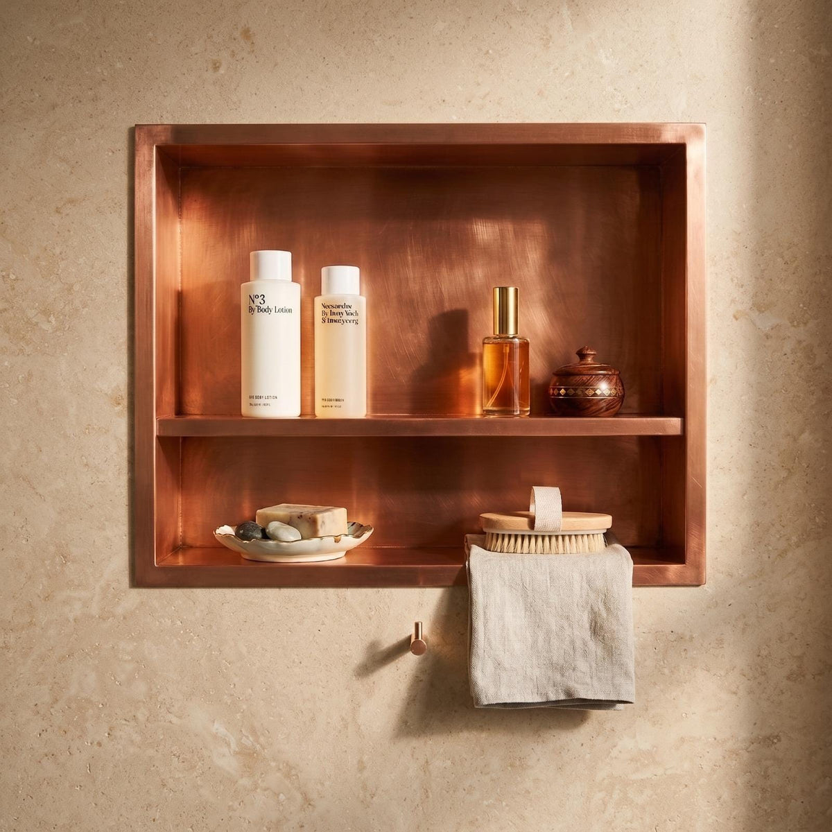 Handmade Copper Shower Niche Recessed Wall Shelf | Double Shelves Bathroom Storage Niche | Unlacquered Moroccan Artisan Luxury Shower Shelf