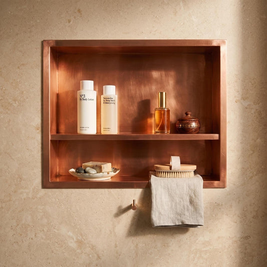 Handmade Copper Shower Niche Recessed Wall Shelf | Double Shelves Bathroom Storage Niche | Unlacquered Moroccan Artisan Luxury Shower Shelf