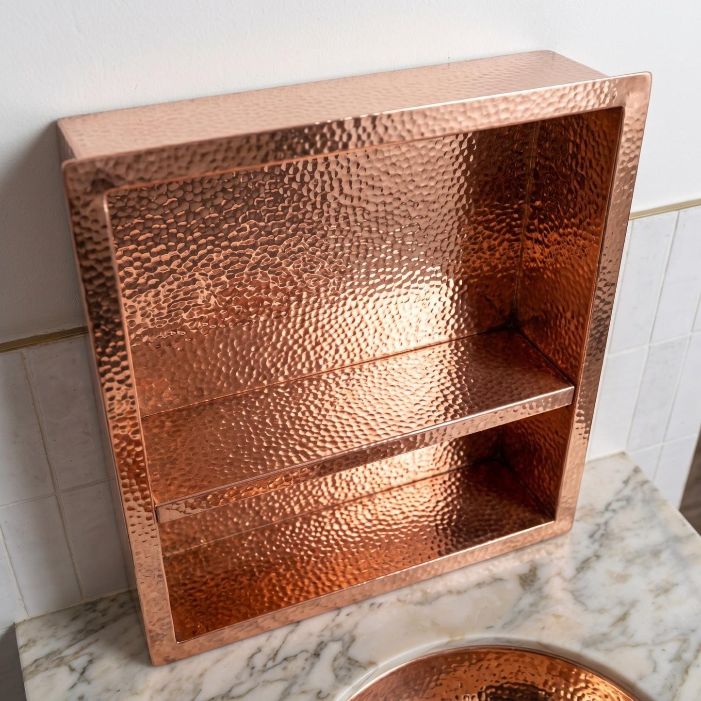 Handmade Hammered Copper Shower Niche Recessed Wall Shelf | Double Shelves Bathroom Storage | Unlacquered Moroccan Artisan Luxury Shower