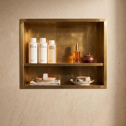 Handmade Unlacquered Brass Shower Niche Recessed Wall Shelf | Double Shelves Smooth Gold Bathroom | Moroccan Artisan Modern Luxury Storage