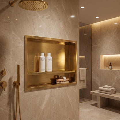 Handmade Unlacquered Brass Shower Niche Recessed Wall Shelf | Double Shelves Smooth Gold Bathroom | Moroccan Artisan Modern Luxury Storage