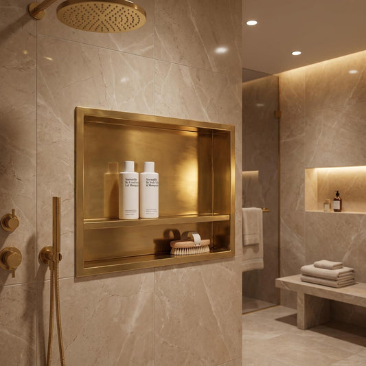 Handmade Unlacquered Brass Shower Niche Recessed Wall Shelf | Double Shelves Smooth Gold Bathroom | Moroccan Artisan Modern Luxury Storage