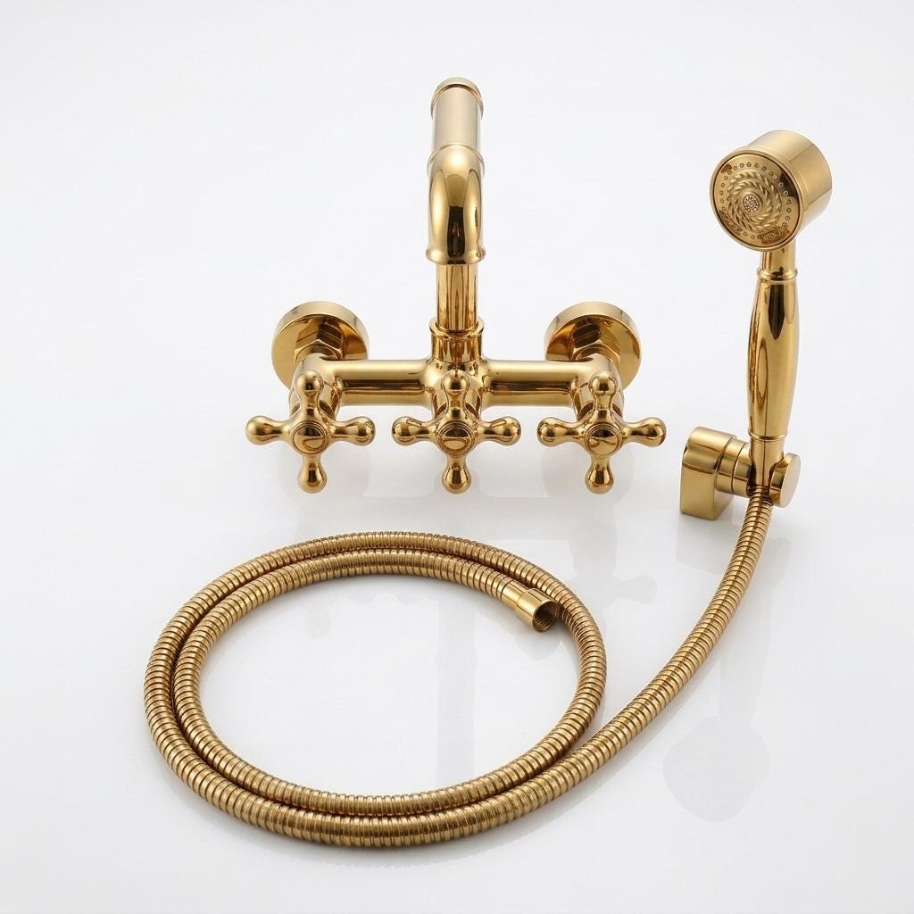 Handmade Unlacquered Brass Wall Mount Tub Faucet With Hand Shower | Clawfoot Tub Filler Cross Handle | Polished Gold Moroccan Artisan Bath