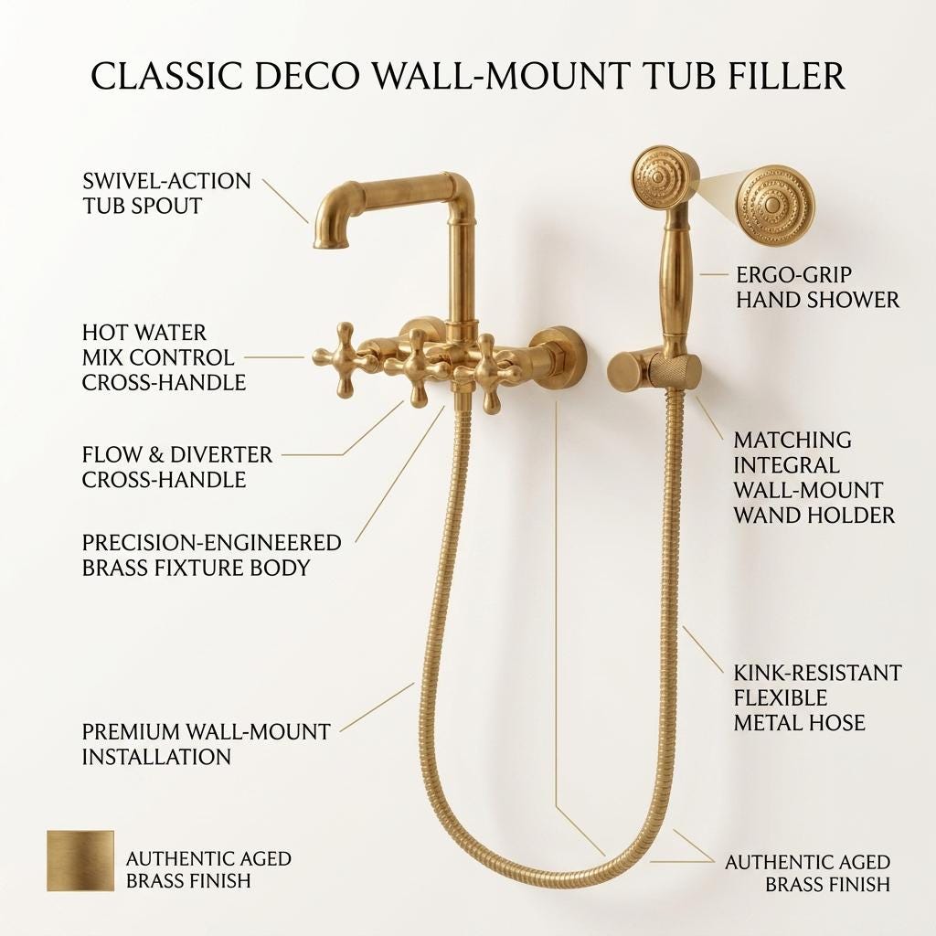 Handmade Unlacquered Brass Wall Mount Tub Faucet With Hand Shower | Clawfoot Tub Filler Cross Handle | Polished Gold Moroccan Artisan Bath