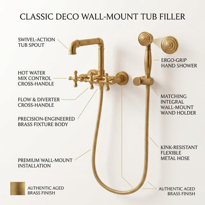 Handmade Unlacquered Brass Wall Mount Tub Faucet With Hand Shower | Clawfoot Tub Filler Cross Handle | Polished Gold Moroccan Artisan Bath