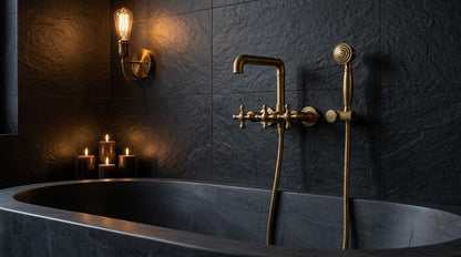 Handmade Unlacquered Brass Wall Mount Tub Faucet With Hand Shower | Clawfoot Tub Filler Cross Handle | Polished Gold Moroccan Artisan Bath