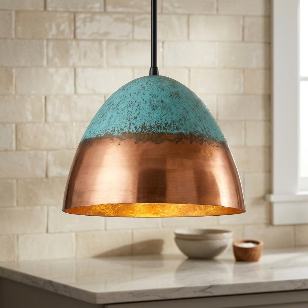 Handmade Green Patina Copper Pendant Light Two Tone | Oxidized Turquoise Dome Ceiling Lamp | Bohemian Farmhouse Moroccan Artisan Kitchen
