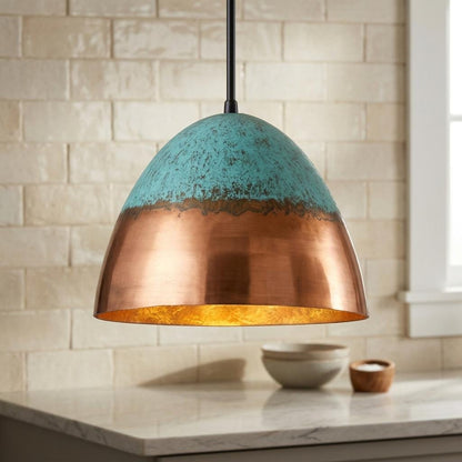 Handmade Green Patina Copper Pendant Light Two Tone | Oxidized Turquoise Dome Ceiling Lamp | Bohemian Farmhouse Moroccan Artisan Kitchen