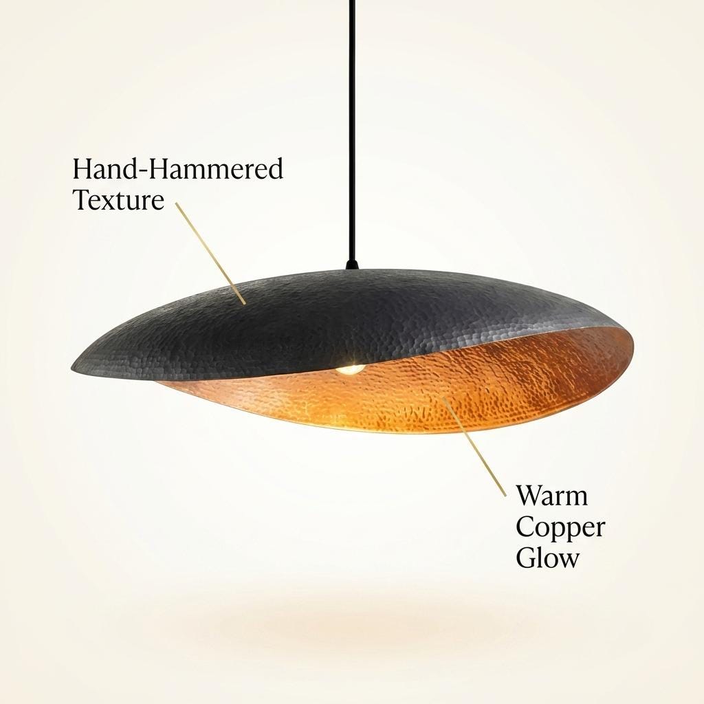 Hammered Copper Pendant Light | Turquoise Patina Shallow Dome | Kitchen Island Dining Room Rustic Boho Ceiling Light Handmade