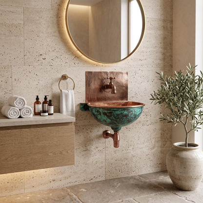 Handmade Aged Copper Wall Mount Sink With Matching Faucet Set | Hammered Rustic Vintage Basin | Moroccan Artisan Industrial Bathroom Vanity