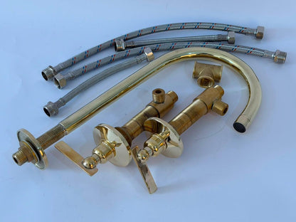 Handmade Unlacquered Brass Wall Mounted Bathroom Faucet | 3 Hole Wall Mount Basin Tap | Vintage Living Patina Artisan Moroccan Fixture