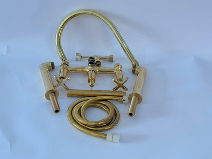 Unlacquered Brass Clawfoot Tub Faucet | 2-Hole Deck-Mount Tub Filler with Hand Shower | Vintage 3-Handle Bathtub Faucet Set