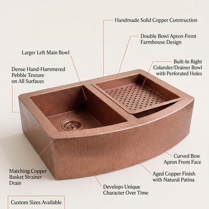 Handmade Hammered Copper Farmhouse Sink Double Bowl With Draining Board | Antique Apron Front Kitchen Basin | Moroccan Artisan Rustic Sink