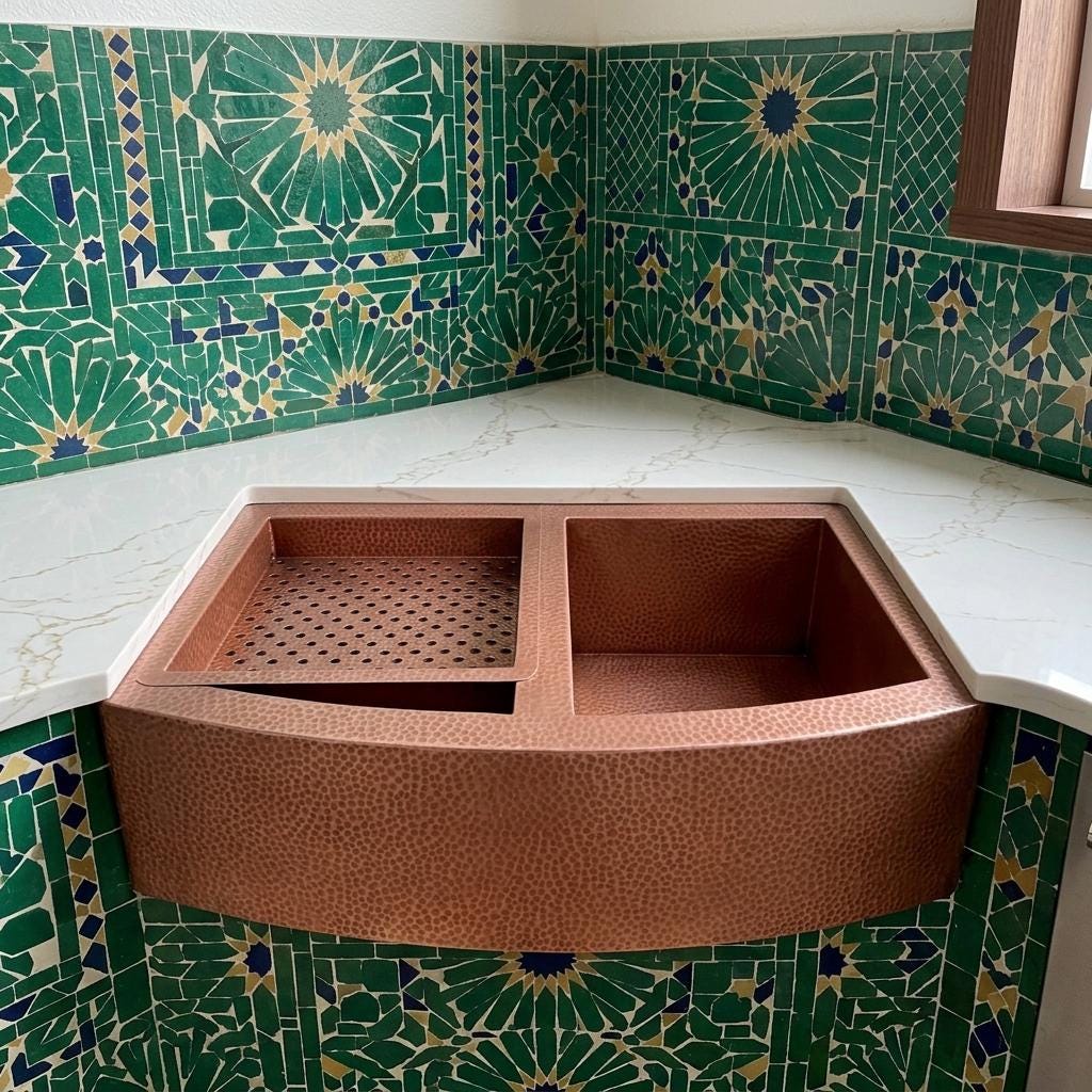 Handmade Hammered Copper Farmhouse Sink Double Bowl With Draining Board | Antique Apron Front Kitchen Basin | Moroccan Artisan Rustic Sink