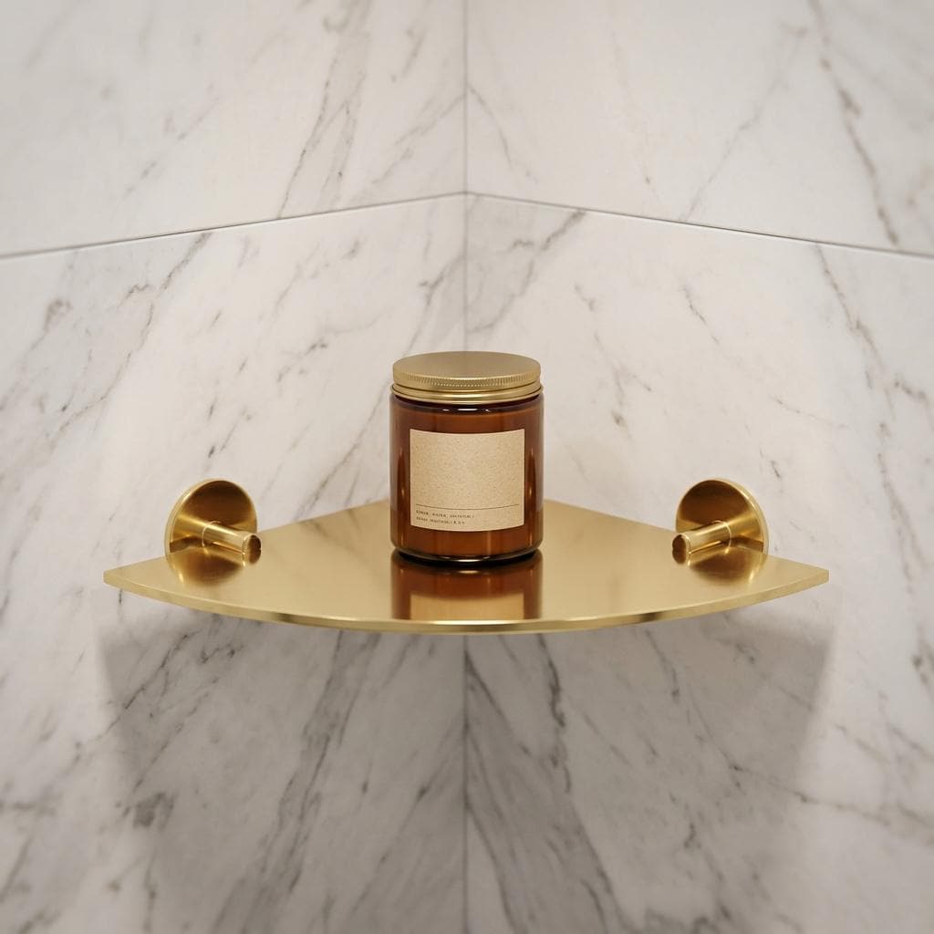 Handmade Polished Brass Corner Shower Shelf Wall Mount | Triangle Gold Bathroom Corner Caddy | Moroccan Artisan Luxury Minimalist Storage