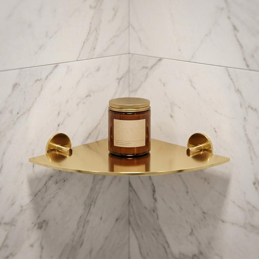 Handmade Polished Brass Corner Shower Shelf Wall Mount | Triangle Gold Bathroom Corner Caddy | Moroccan Artisan Luxury Minimalist Storage