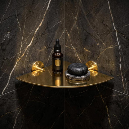 Handmade Polished Brass Corner Shower Shelf Wall Mount | Triangle Gold Bathroom Corner Caddy | Moroccan Artisan Luxury Minimalist Storage