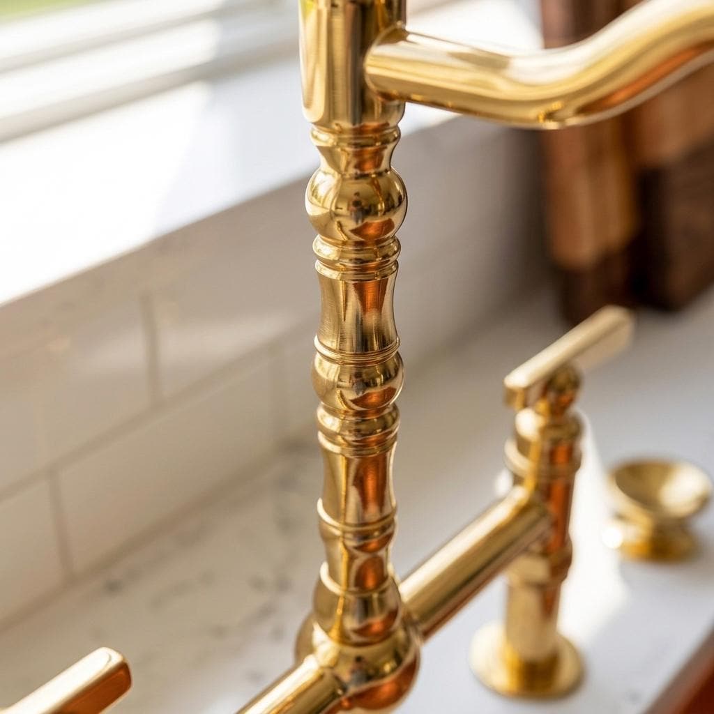 Unlacquered Brass Wall Mount Faucet | Ornate Engraved Cross Handle Gooseneck Tap