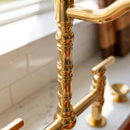 Unlacquered Brass Wall Mount Faucet | Ornate Engraved Cross Handle Gooseneck Tap