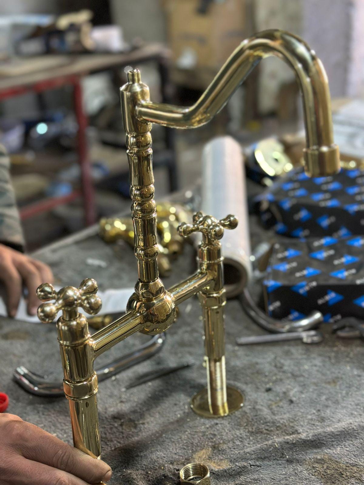 Unlacquered Brass Wall Mount Faucet | Ornate Engraved Cross Handle Gooseneck Tap