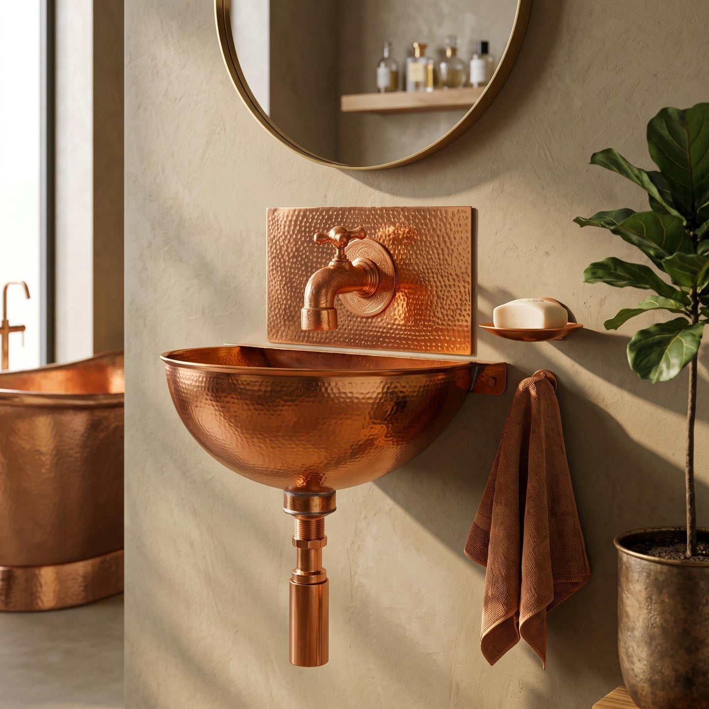 Hammered Copper Wall Mount Sink Set | Faucet & Backsplash Included | Rustic Moroccan Powder Room Basin 16 Inch Handmade Copper