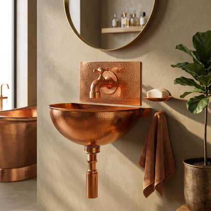 Hammered Copper Wall Mount Sink Set | Faucet & Backsplash Included | Rustic Moroccan Powder Room Basin 16 Inch Handmade Copper