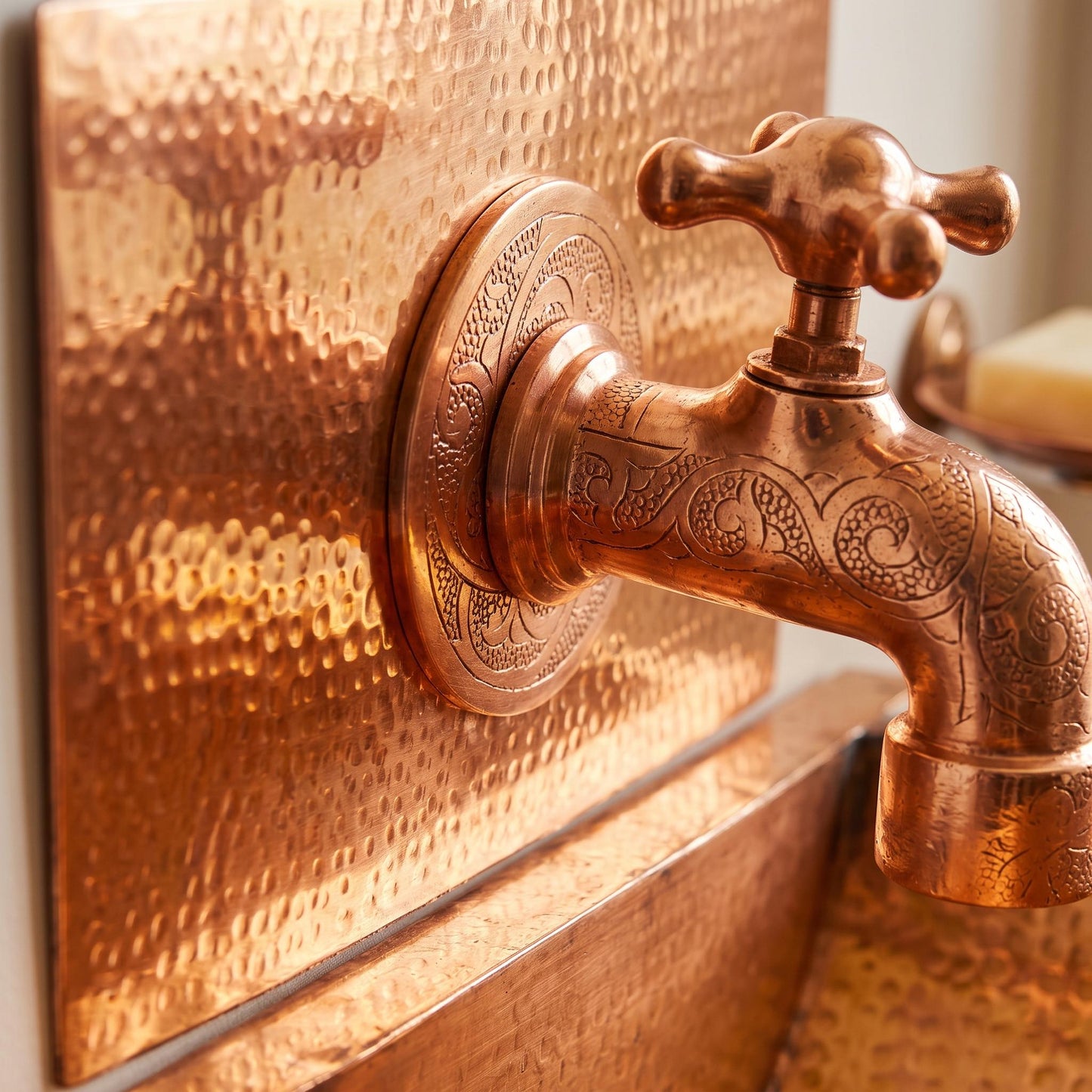 Hammered Copper Wall Mount Sink Set | Faucet & Backsplash Included | Rustic Moroccan Powder Room Basin 16 Inch Handmade Copper